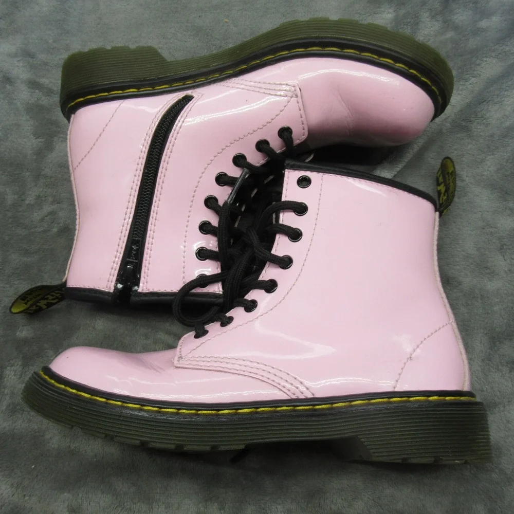 Dr‎ Martens Girl Boot 2 Pink Glossy Toddler Leather Lace Zip Chunky Combat 1460J